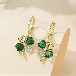 Gold Green Clover Drop Earrings Crystal Heart Shamrock Leverback NWT